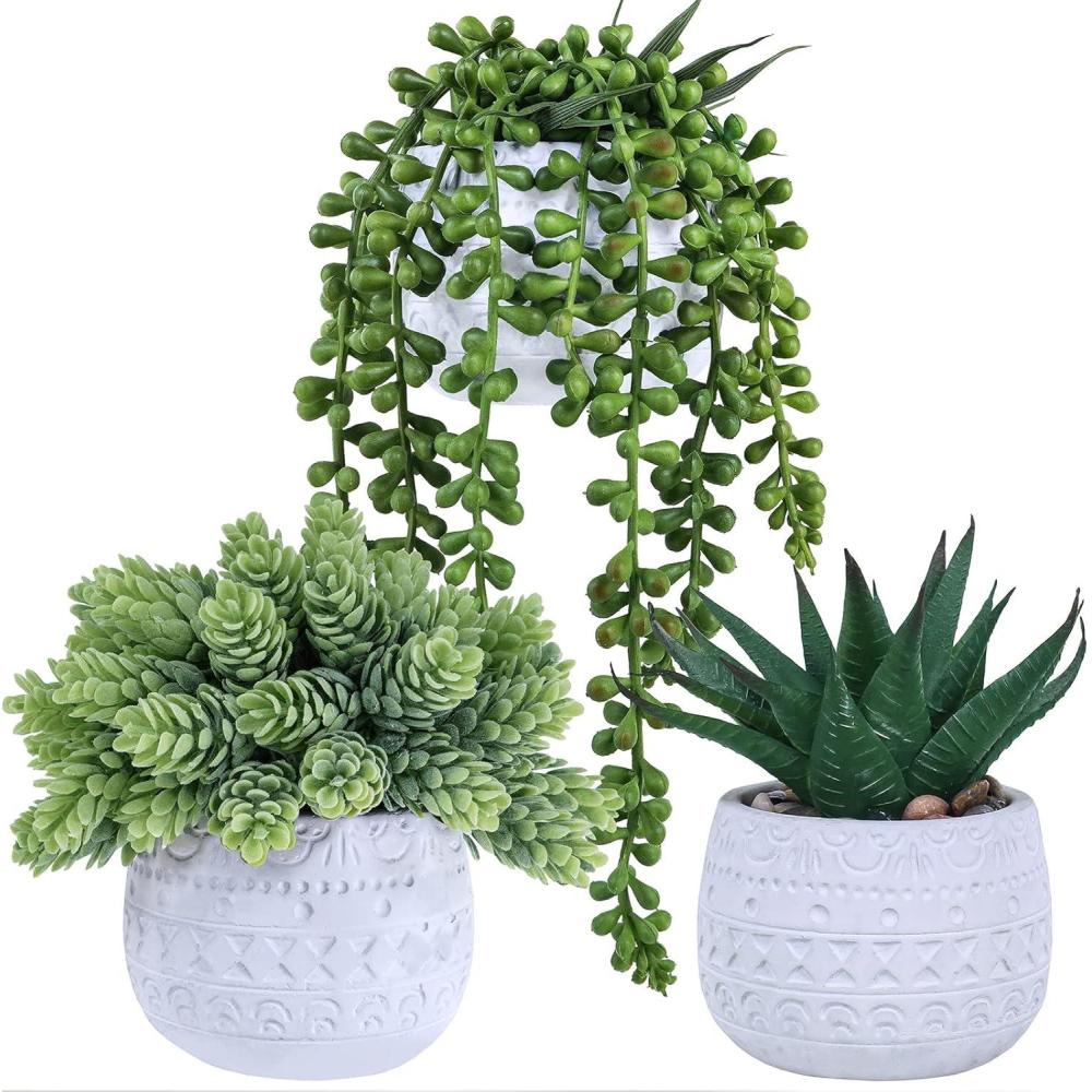 imageWinlyn 3 Pcs Assorted Small Potted Succulent Plants Artificial Aloe Hanging Succulent in White Geometric Concrete Ceramic Pots for Gift Party Wedding Favors Windowsill Table Shelf Indoor Outdoor Decor
