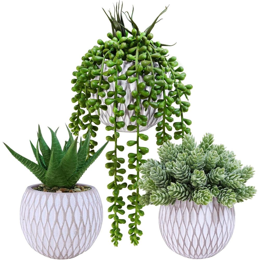 imageWinlyn 3 Pcs Small Faux Potted Plants Artificial Aloe Hops String of Pearls Succulents Plants in Gray Geometric Concrete Pots for Indoor Outdoor Greenery Shelf Home Bathroom Office Desk Tabletop Dcor