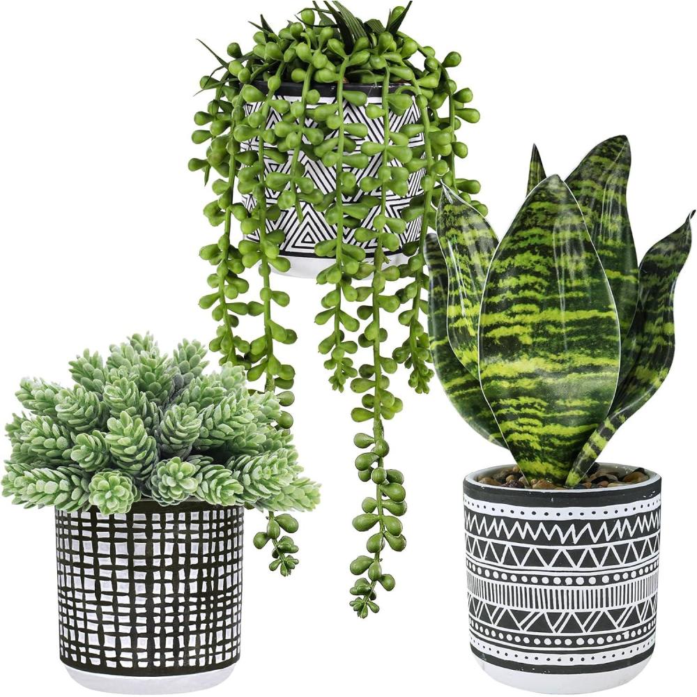 imageWinlyn 3 Pcs Small Potted Plants Artificial Succulents Hanging Plants and Faux Tropical Snake Plant in Black Geometric Pots for Modern Home Kitchen Windowsill Table Shelf Indoor Outdoor Greenery Decor