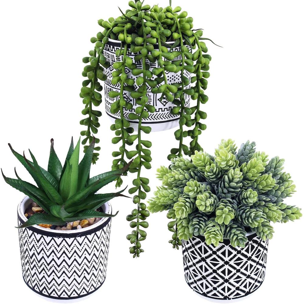 imageWinlyn 3 Pcs Small Potted Succulents Plants Artificial String of Pearls Aloe Hops Succulents in Black Geometric Concrete Pots for Gifts Modern Home Bathroom Window Table Indoor Outdoor Greenery Dcor