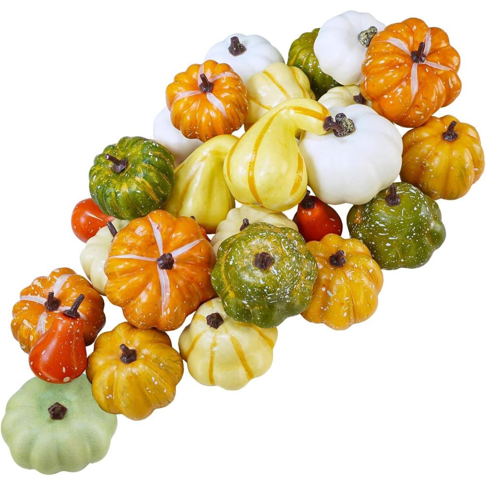 imageWinlyn 30 Pcs Assorted Rustic Harvest Artificial Pumpkins Gourds Squashes Decorative Fall Pumpkins Fake Foam Pumpkins Autumn Party Thanksgiving Halloween Table Centerpiece Wreath Mantle Bowl Filler