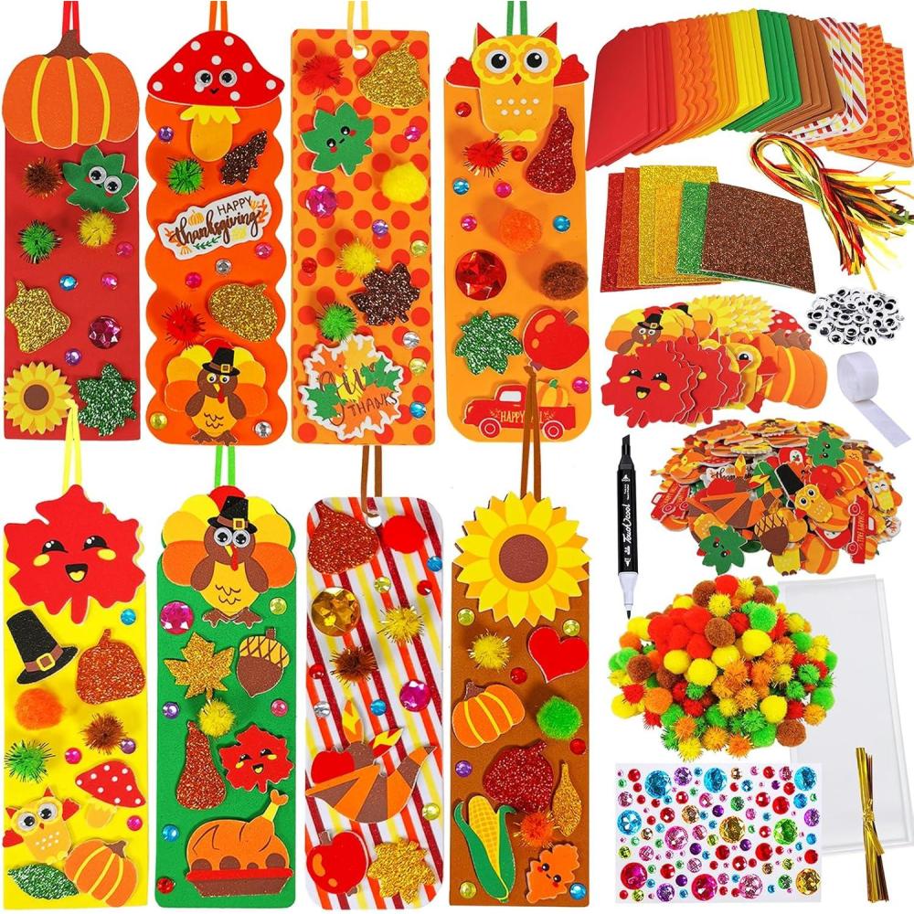 imageWinlyn 32 Sets Fall Crafts Kits DIY Fall Bookmarks Decorations Art Sets Maple Leaves Smile Face Owl Turkey Pumpkins Foam Stickers Arts and Crafts for Kids Thanksgiving Halloween Classroom Activities