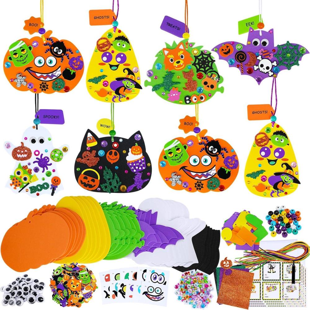 imageWinlyn 36 Sets Fall Crafts DIY Pumpkin Bat Black Cat Ghost Candy Corn Frankenstein Ornaments Art Sets Halloween Foam Stickers for Kids Classroom Activities Party Treats