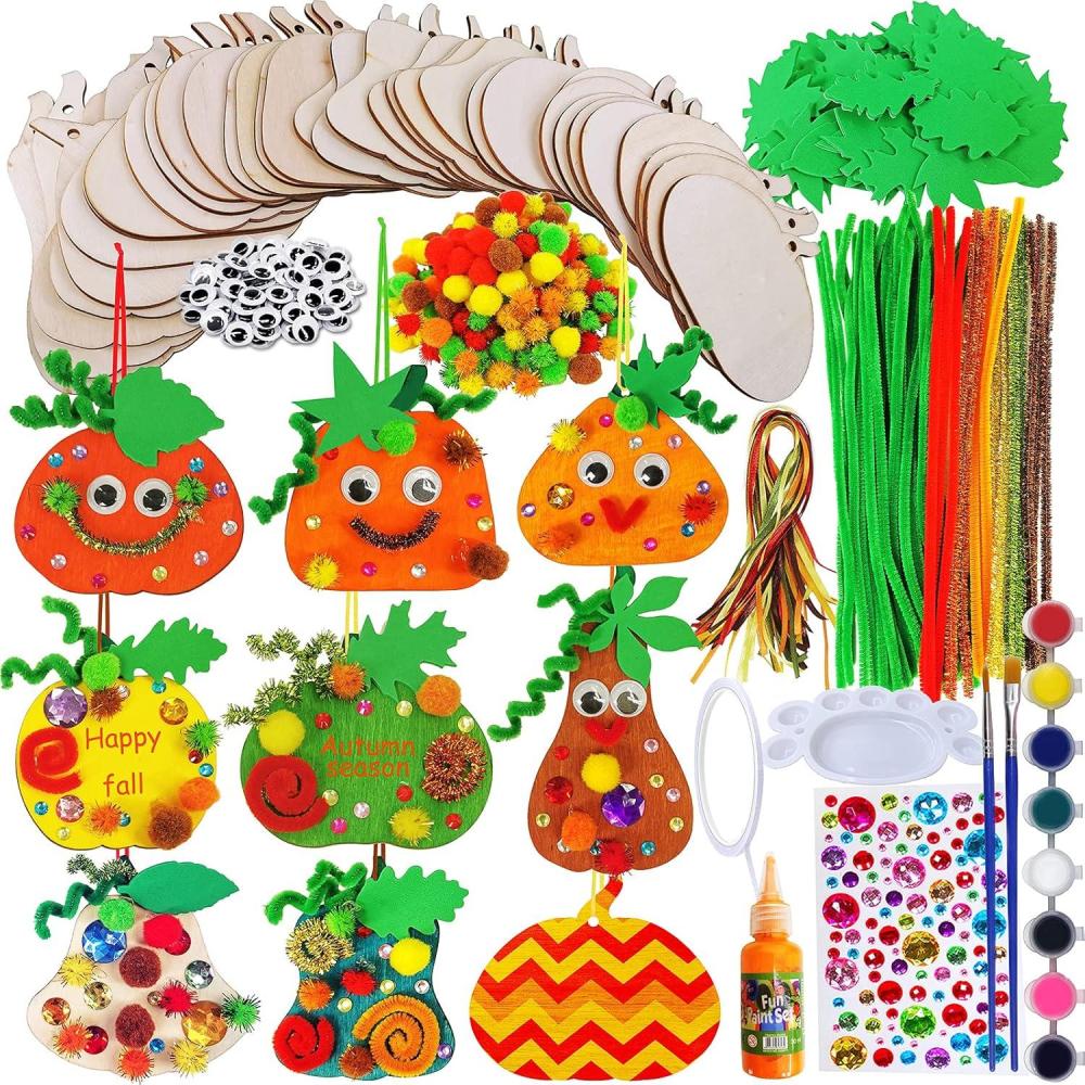 imageWinlyn 36 Sets Fall Pumpkin Decoration DIY Pumpkin Squash Gourd Wooden Ornaments Craft Kit Assorted Paintable Unfinished Wood Pumpkins PomPoms Googly Eyes for Kids Autumn Halloween Thanksgiving Dcor