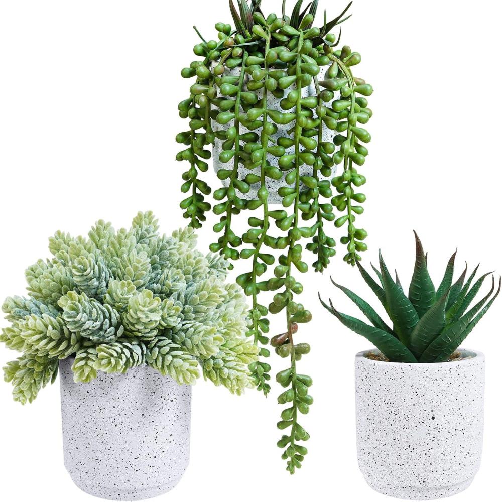 imageWinlyn 3Pack Artificial Potted Succulent Plants  Aloe Hops String of Pearls  Realistic Faux Plants in Black Cement Pots  ModernContemporary Style  Ideal for Home Office Bathroom Indoor DecorWhite