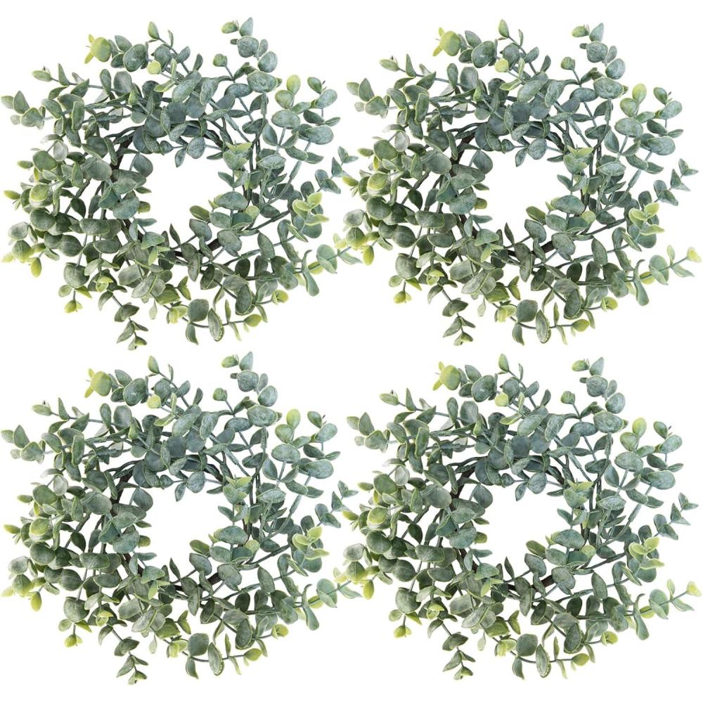imageWinlyn 4 Pack Fall White Pumpkin Candle Rings Faux Eucalyptus Candle Rings Wreaths with Pumpkins Berries Pinecones Artificial Greenery Farmhouse Wreaths 11quot for Neutral Autumn Cabinet Tabletop DcorPlastic Eucalyptus Leaf
