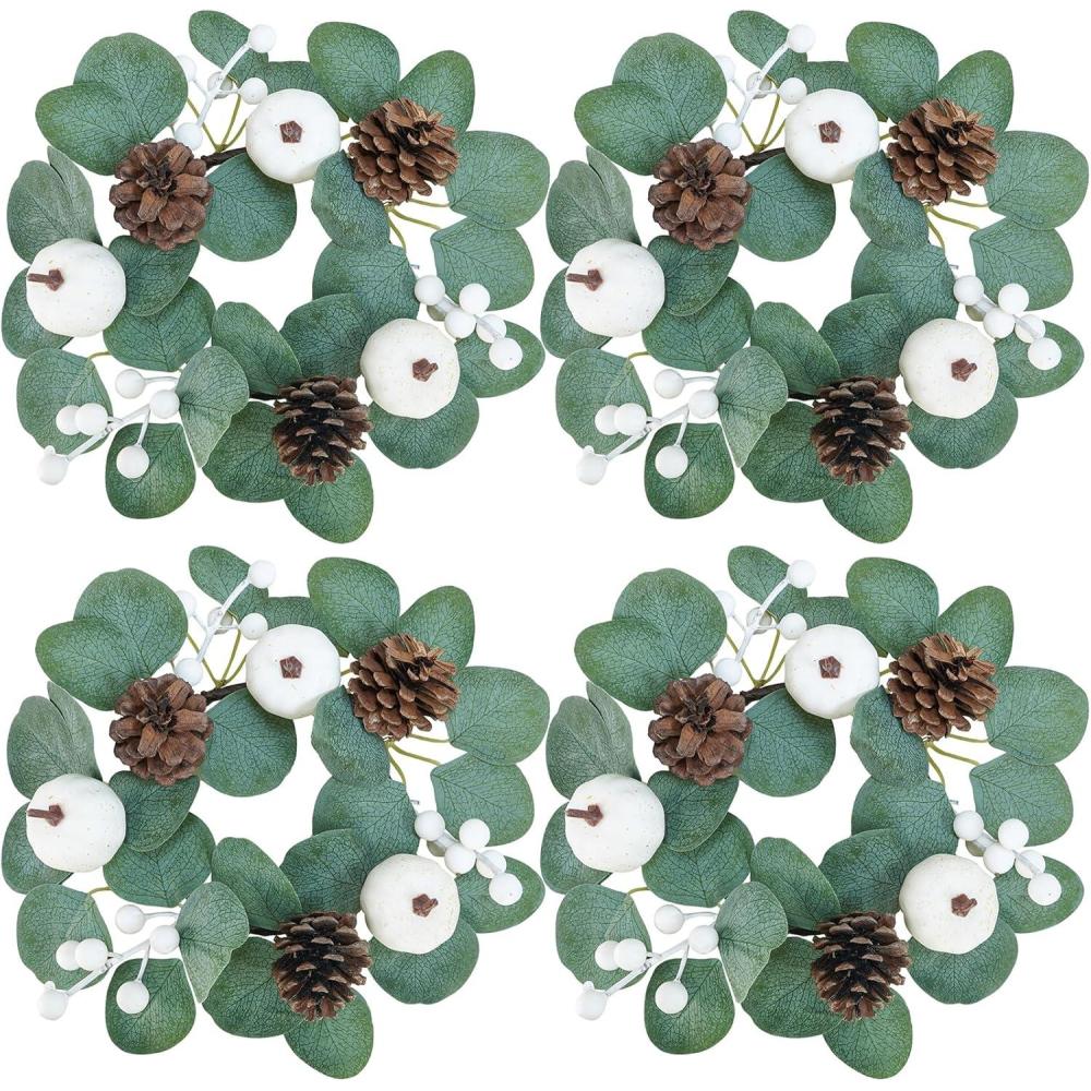 imageWinlyn 4 Pack Fall White Pumpkin Candle Rings Faux Eucalyptus Candle Rings Wreaths with Pumpkins Berries Pinecones Artificial Greenery Farmhouse Wreaths 11quot for Neutral Autumn Cabinet Tabletop DcorWhite Pumpkins