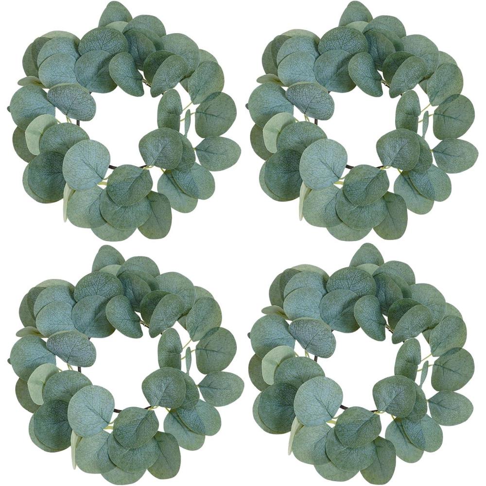 imageWinlyn 4 Pack Fall White Pumpkin Candle Rings Faux Eucalyptus Candle Rings Wreaths with Pumpkins Berries Pinecones Artificial Greenery Farmhouse Wreaths 11quot for Neutral Autumn Cabinet Tabletop DcorSilk Eucalyptus Leaf