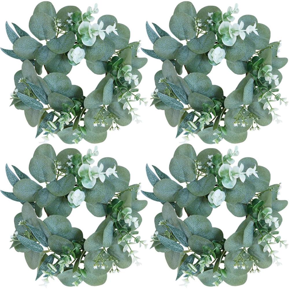 imageWinlyn 4 Pack Fall White Pumpkin Candle Rings Faux Eucalyptus Candle Rings Wreaths with Pumpkins Berries Pinecones Artificial Greenery Farmhouse Wreaths 11quot for Neutral Autumn Cabinet Tabletop DcorMixed