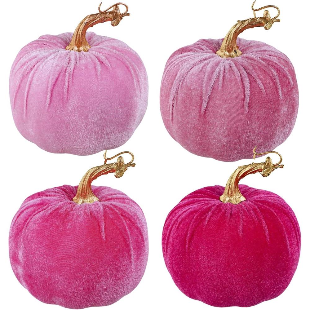 imageWinlyn 4 Pcs Assorted Faux Velvet Pumpkins Decorative Fabric Pumpkins Foam Pumpkins in White Black Gray Taupe 5quot for Thanksgiving Halloween Fall Wedding Centerpiece Table Mantel Farmhouse DecorationsPink