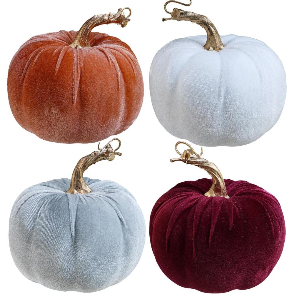 imageWinlyn 4 Pcs Assorted Faux Velvet Pumpkins Decorative Fabric Pumpkins Foam Pumpkins in White Black Gray Taupe 5quot for Thanksgiving Halloween Fall Wedding Centerpiece Table Mantel Farmhouse DecorationsBurgundy and White