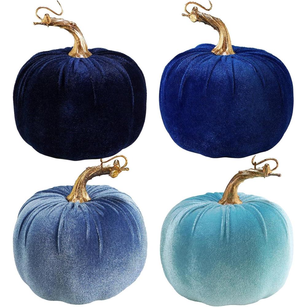 imageWinlyn 4 Pcs Assorted Faux Velvet Pumpkins Decorative Fabric Pumpkins Foam Pumpkins in White Black Gray Taupe 5quot for Thanksgiving Halloween Fall Wedding Centerpiece Table Mantel Farmhouse DecorationsBlue