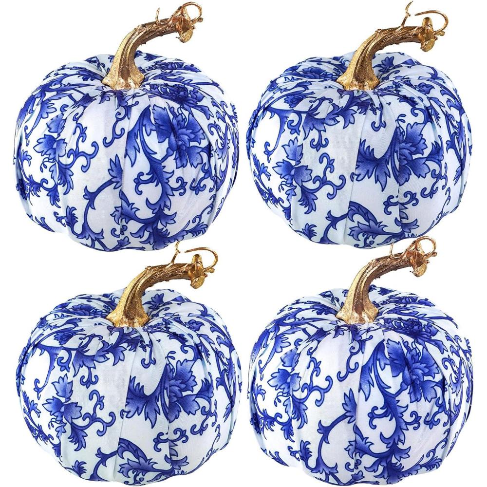 imageWinlyn 4 Pcs Assorted Faux Velvet Pumpkins Decorative Fabric Pumpkins Foam Pumpkins in White Black Gray Taupe 5quot for Thanksgiving Halloween Fall Wedding Centerpiece Table Mantel Farmhouse DecorationsBlue and White