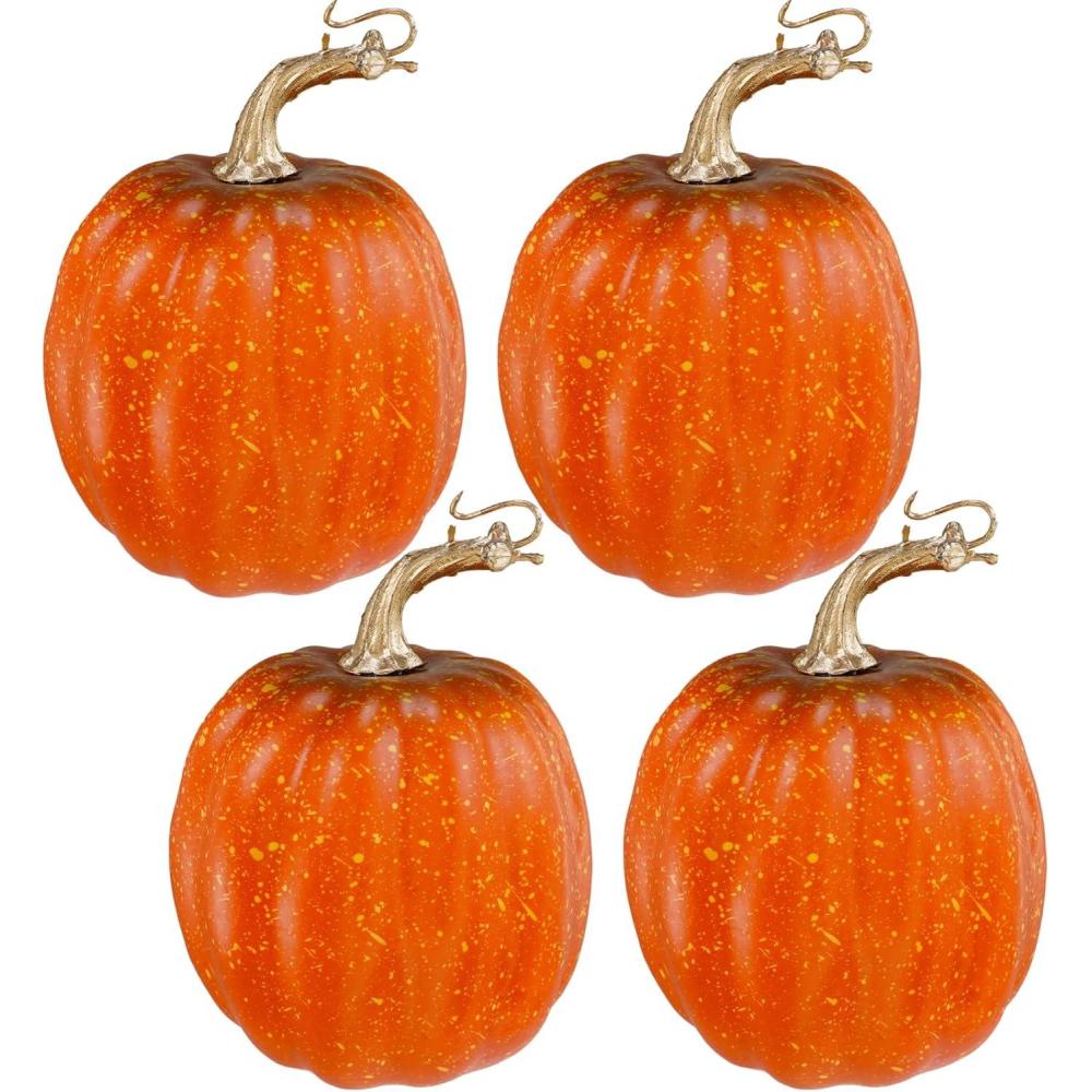 imageWinlyn 4 Pcs Harvest White Artificial Pumpkin 67quot Decorative Pumpkins Faux Foam Pumpkins Fall Pumpkins Decor Fall Autumn Thanksgiving Halloween Wedding Holiday Mantel Tabletop Centerpiece DIY CraftsOrange and Black