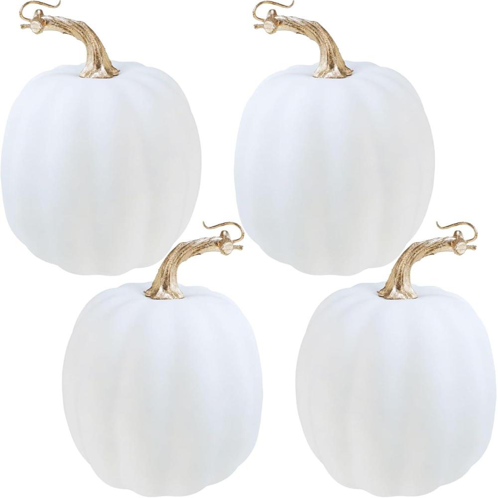 imageWinlyn 4 Pcs Harvest White Artificial Pumpkin 67quot Decorative Pumpkins Faux Foam Pumpkins Fall Pumpkins Decor Fall Autumn Thanksgiving Halloween Wedding Holiday Mantel Tabletop Centerpiece DIY CraftsWhite
