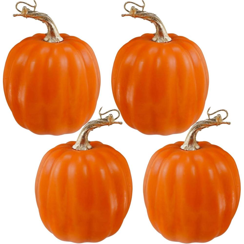 imageWinlyn 4 Pcs Harvest White Artificial Pumpkin 67quot Decorative Pumpkins Faux Foam Pumpkins Fall Pumpkins Decor Fall Autumn Thanksgiving Halloween Wedding Holiday Mantel Tabletop Centerpiece DIY CraftsDark Orange