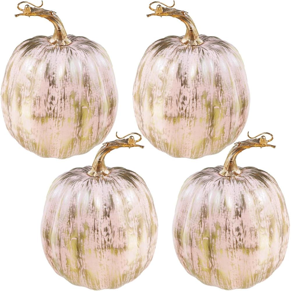 imageWinlyn 4 Pcs Harvest White Artificial Pumpkin 67quot Decorative Pumpkins Faux Foam Pumpkins Fall Pumpkins Decor Fall Autumn Thanksgiving Halloween Wedding Holiday Mantel Tabletop Centerpiece DIY CraftsGold Brush Pink