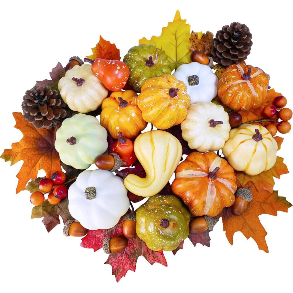 imageWinlyn 46 Pcs Assorted Small Artificial Pumpkins and Gourds with Acorns Pinecones Maple Leaves Fall Harvest Decor Set for Autumn Party Table Centerpiece Thanksgiving Halloween Wreaths Vase Bowl Filler