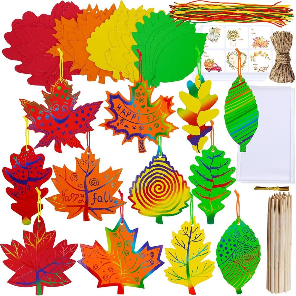 imageWinlyn 48 Sets 12 Desgins Colorful Magic Color Scratch Fall Leaves Ornaments Decoration Autumn Scratch Art Leaves Fall Leaf Craft Kits for Kids Halloween Thanksgiving Classroom Activities Party Favors