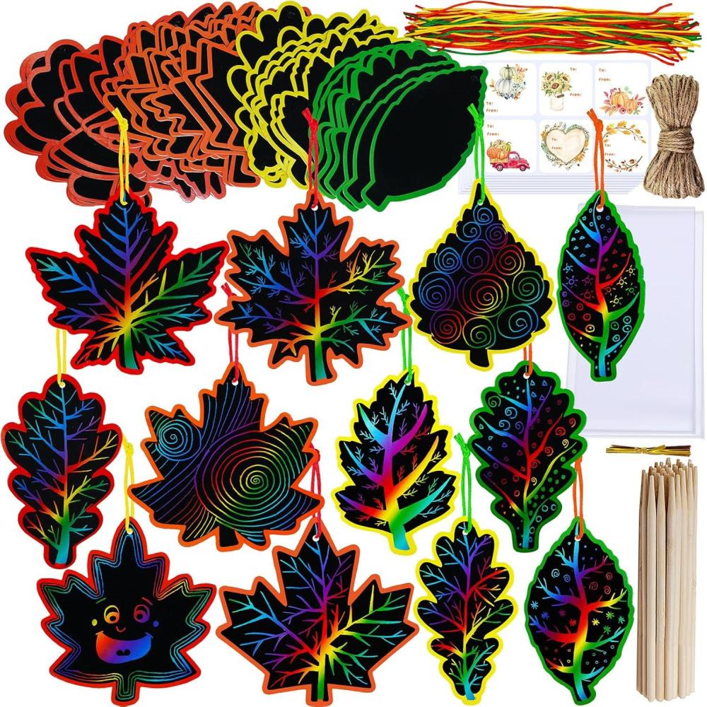 imageWinlyn 48 Sets 12 Styles Magic Color Scratch Black Fall Leaves Ornaments Decorations Autumn Scratch Art Leaves Fall Leaf Craft Kits for Kids Classroom Activities Halloween Thanksgiving Party Favors