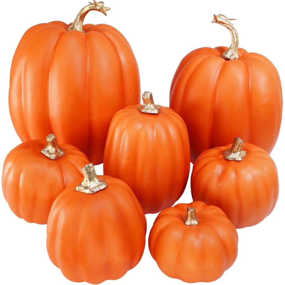 imageWinlyn 7 Pcs Assorted Sizes Fall Artificial Peach Pink Pumpkins Harvest Faux Foam Light Pink Pumpkins for Fall Autumn Season Halloween Thanksgiving Harvest Festive Tabletop DecorationDark Orange