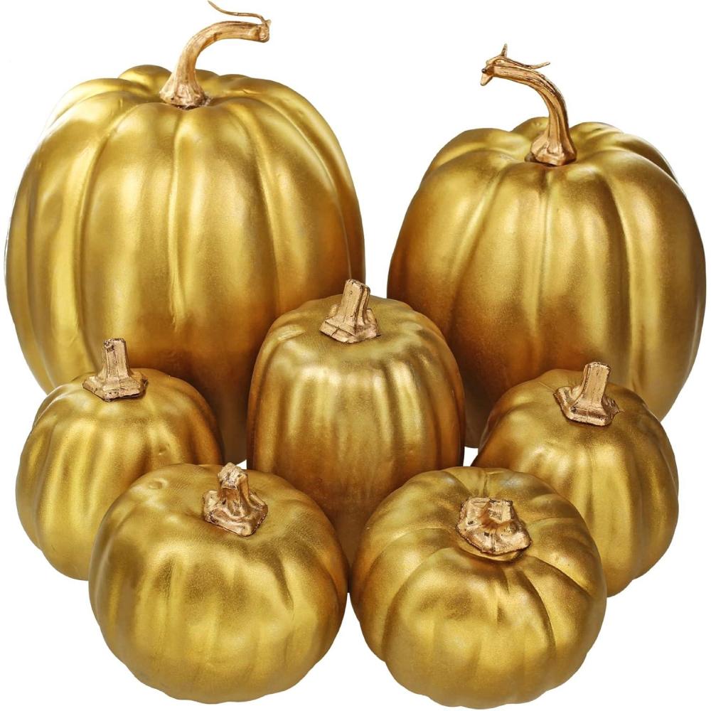 imageWinlyn 7 Pcs Assorted Sizes Fall Artificial Peach Pink Pumpkins Harvest Faux Foam Light Pink Pumpkins for Fall Autumn Season Halloween Thanksgiving Harvest Festive Tabletop DecorationGold