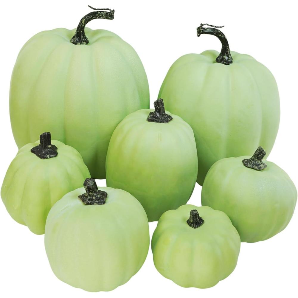 imageWinlyn 7 Pcs Assorted Sizes Fall Artificial Peach Pink Pumpkins Harvest Faux Foam Light Pink Pumpkins for Fall Autumn Season Halloween Thanksgiving Harvest Festive Tabletop DecorationLight Green