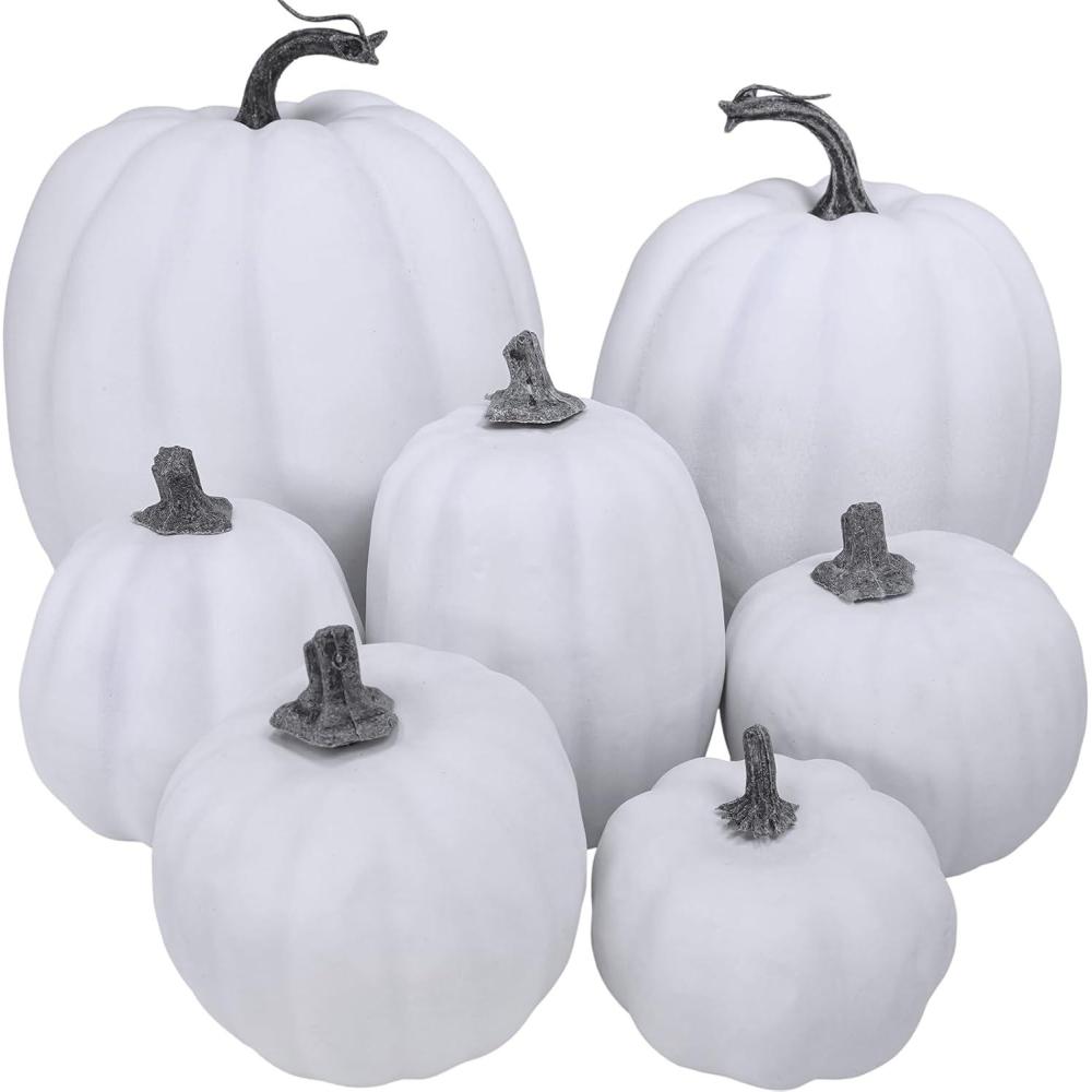 imageWinlyn 7 Pcs Assorted Sizes Fall Artificial Peach Pink Pumpkins Harvest Faux Foam Light Pink Pumpkins for Fall Autumn Season Halloween Thanksgiving Harvest Festive Tabletop DecorationWhite