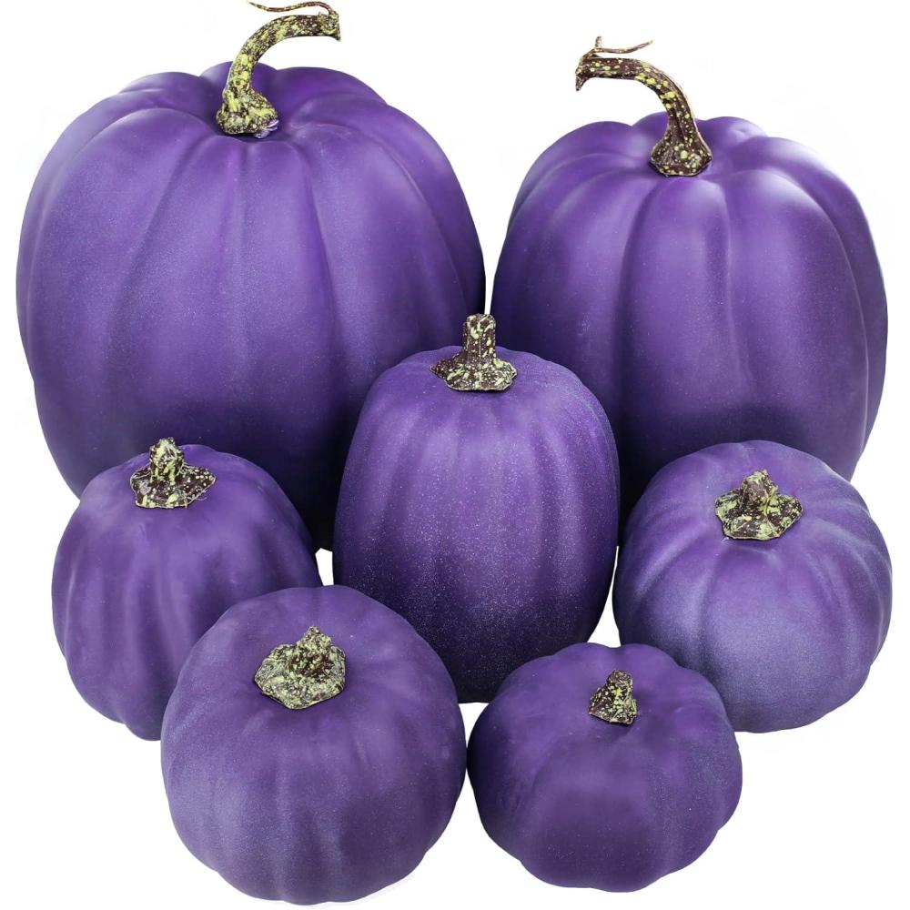 imageWinlyn 7 Pcs Assorted Sizes Fall Artificial Peach Pink Pumpkins Harvest Faux Foam Light Pink Pumpkins for Fall Autumn Season Halloween Thanksgiving Harvest Festive Tabletop DecorationPurple