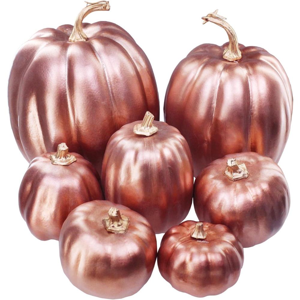 imageWinlyn 7 Pcs Assorted Sizes Fall Artificial Peach Pink Pumpkins Harvest Faux Foam Light Pink Pumpkins for Fall Autumn Season Halloween Thanksgiving Harvest Festive Tabletop DecorationRose Gold