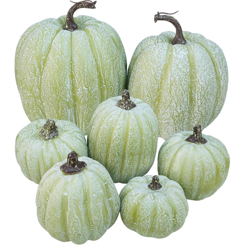 imageWinlyn 7 Pcs Assorted Sizes Fall Artificial Peach Pink Pumpkins Harvest Faux Foam Light Pink Pumpkins for Fall Autumn Season Halloween Thanksgiving Harvest Festive Tabletop DecorationMixed Green
