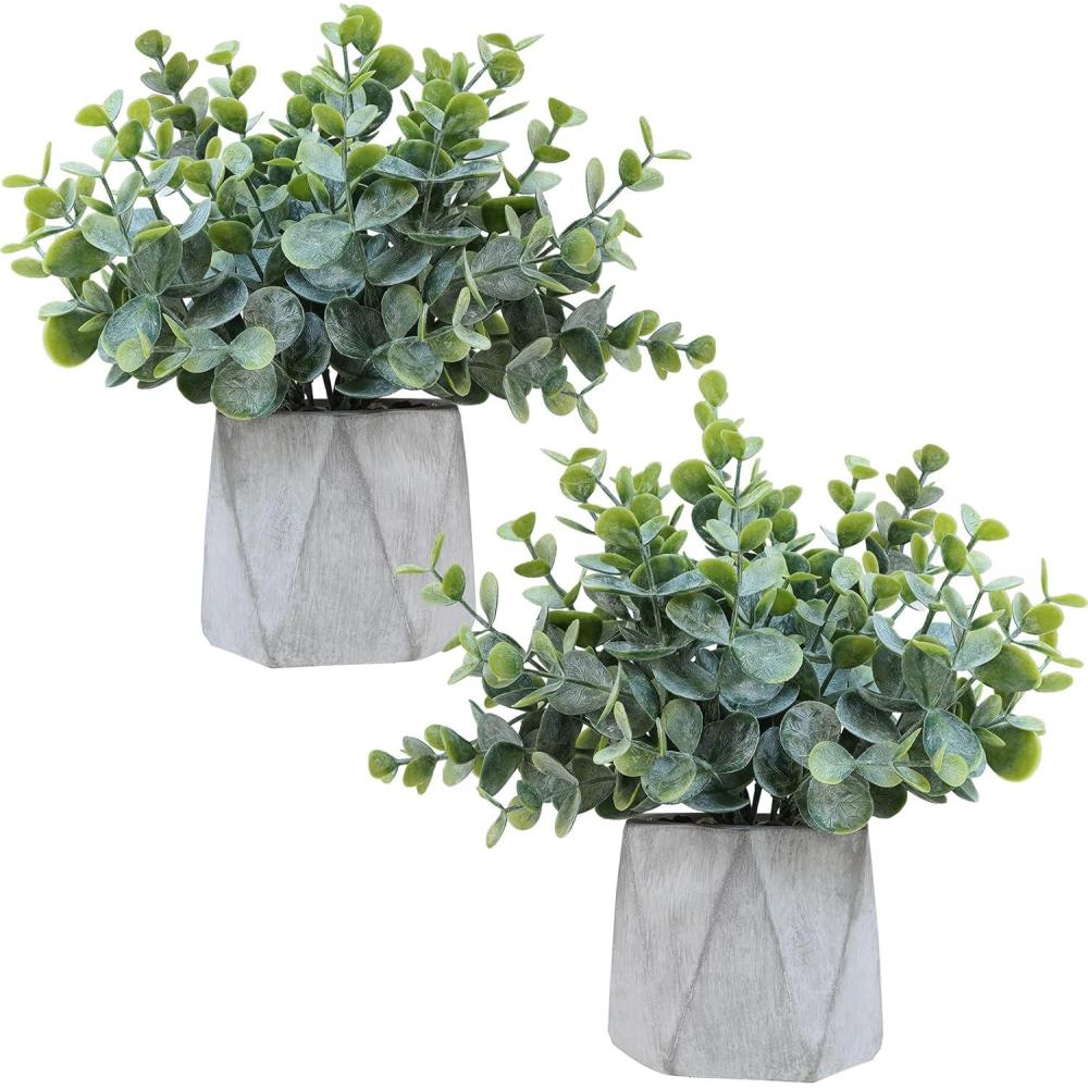 imageWinlyn Set of 2 Small Faux Potted Plants Artificial Eucalyptus Plant in Chic Gray Geometric Ceramic Pot 79quot Tall for Modern Home Table Mantel Shelf Office Desktop Greenery Centerpiece DecorationsModern Geometric Pot