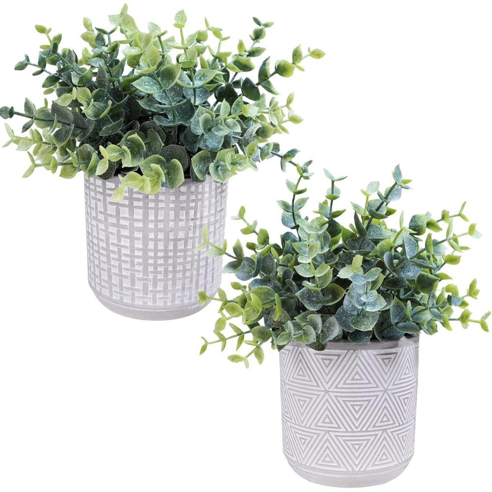 imageWinlyn Set of 2 Small Faux Potted Plants Artificial Eucalyptus Plant in Chic Gray Geometric Ceramic Pot 79quot Tall for Modern Home Table Mantel Shelf Office Desktop Greenery Centerpiece DecorationsGrey Pot