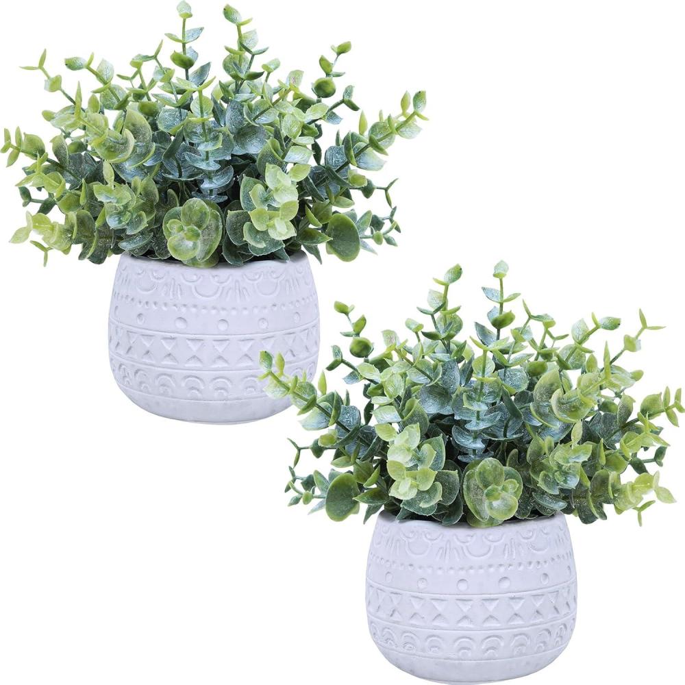 imageWinlyn Set of 2 Small Faux Potted Plants Artificial Eucalyptus Plant in Chic Gray Geometric Ceramic Pot 79quot Tall for Modern Home Table Mantel Shelf Office Desktop Greenery Centerpiece DecorationsWhite Pot