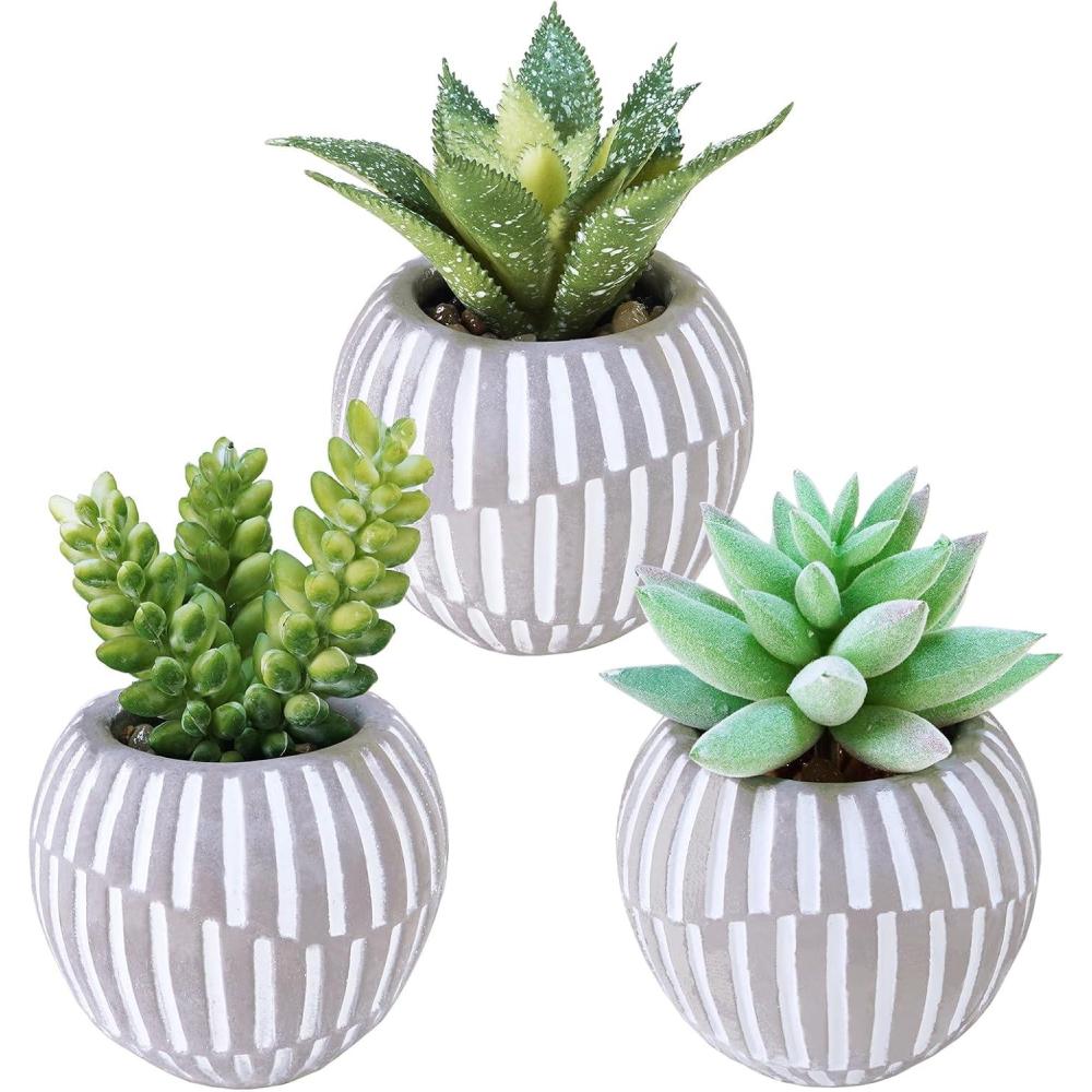 imageWinlyn Set of 3 Artificial Plants Decor Greenery Fake Succulents Indoor Potted Fake Plant with Black Planter for Farmhouse Room Bathroom Bedroom Kitchen Office Table Desk DecorGray Pots