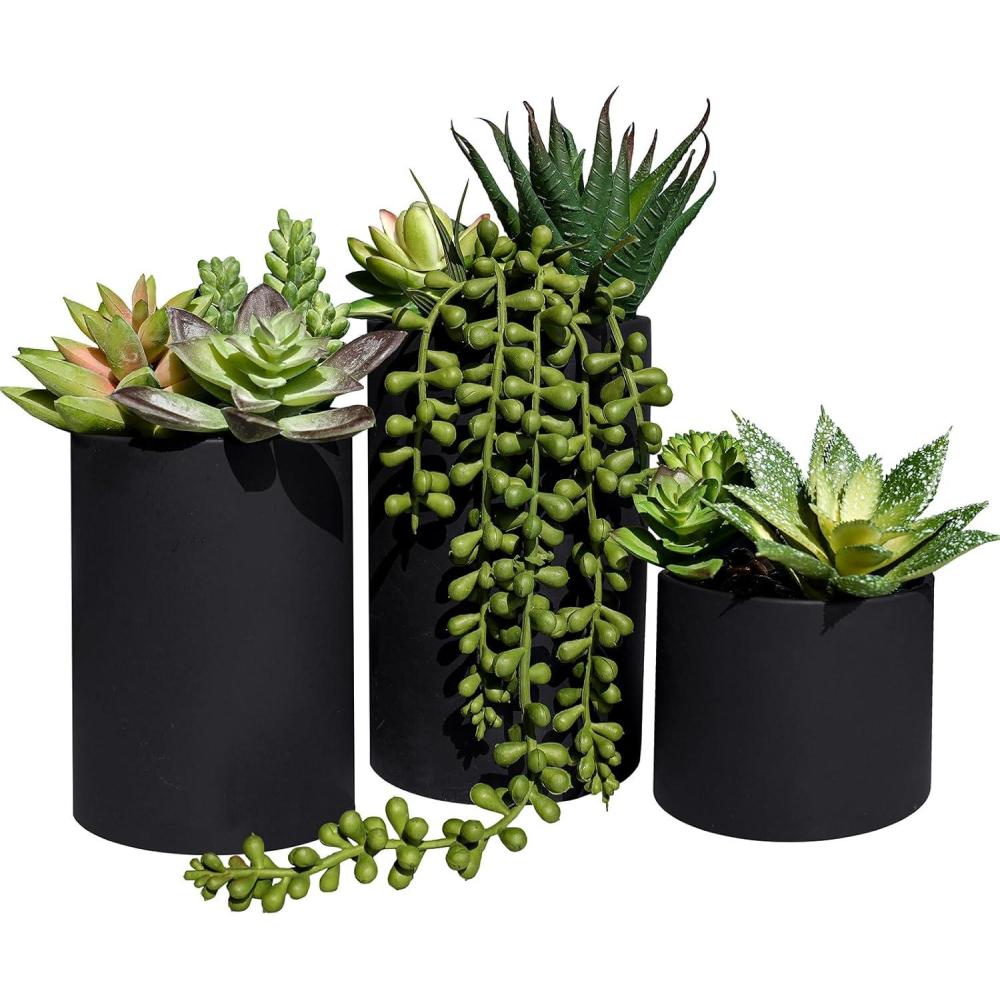 imageWinlyn Set of 3 Artificial Plants Decor Greenery Fake Succulents Indoor Potted Fake Plant with Black Planter for Farmhouse Room Bathroom Bedroom Kitchen Office Table Desk DecorAssorted Sizes Black Pots