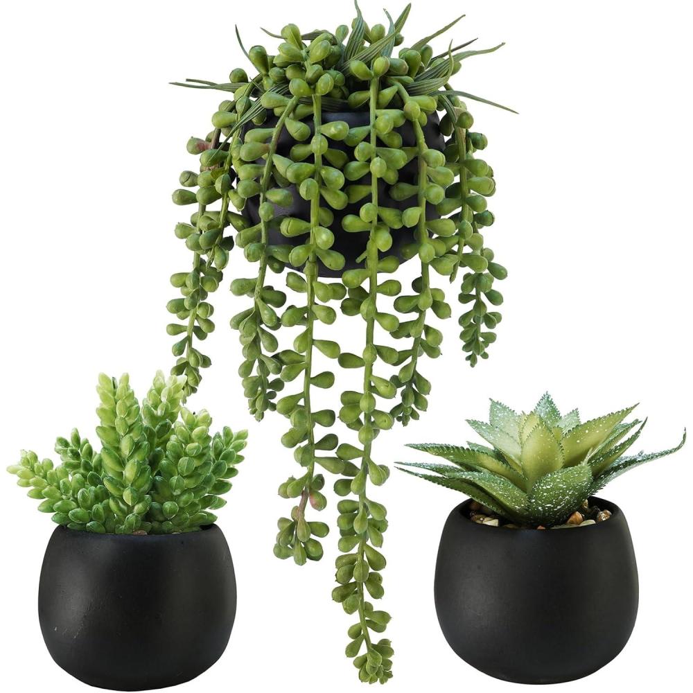 imageWinlyn Set of 3 Artificial Plants Decor Greenery Fake Succulents Indoor Potted Fake Plant with Black Planter for Farmhouse Room Bathroom Bedroom Kitchen Office Table Desk DecorBlack Pots