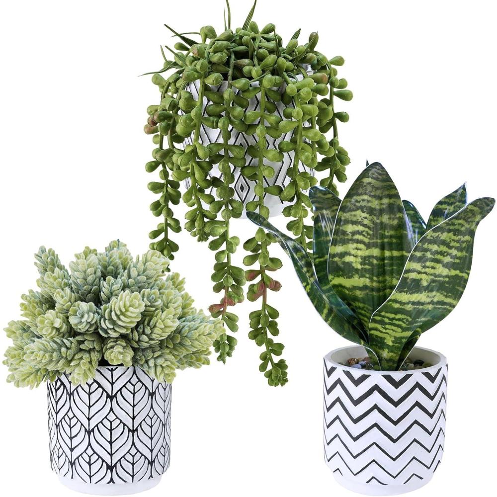 imageWinlyn Set of 3 Artificial Plants Decor Greenery Fake Succulents Indoor Potted Fake Plant with Black Planter for Farmhouse Room Bathroom Bedroom Kitchen Office Table Desk DecorWhite Pots With Pattern