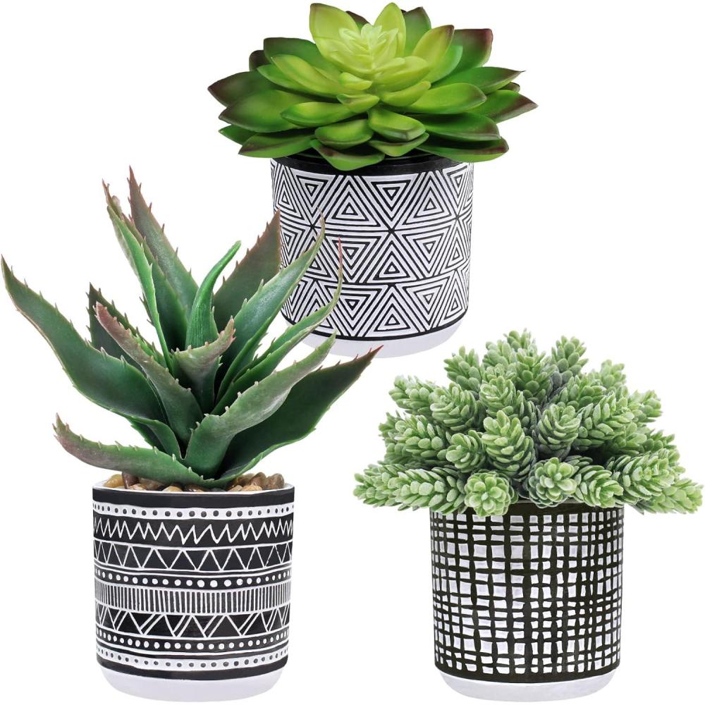 imageWinlyn Set of 3 Assorted Small Potted Succulents Arrangement Artificial Succulent Plants in Black and White Geometric Pots for Table Centerpiece Windowsill Shelf Indoor Outdoor Garden Greenery Decor