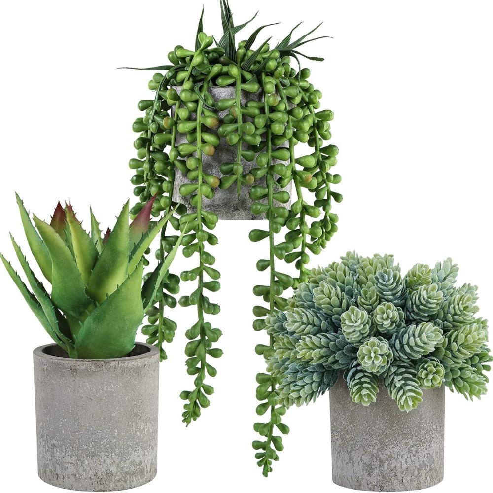 imageWinlyn Set of 3 Mini Potted Succulents Artificial String of Pearls Aloe Hops Succulent Plants in Gray Pots for Gifts Table Shelves Windowsill Office Desk Indoor Greenery Decorations Wedding Favors