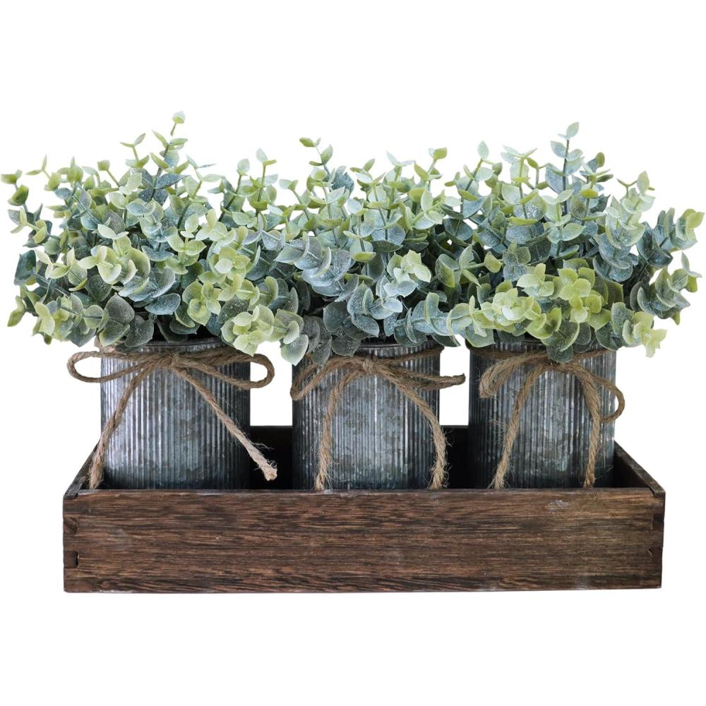 imageWinlyn Set of 3 Small Artificial Eucalyptus Plants Arrangement Centerpiece Faux Eucalyptus Greenery in Rustic Galvanized Metal Pots with Rectangle Wood Box for Farmhouse Home Table Shelf Dcor