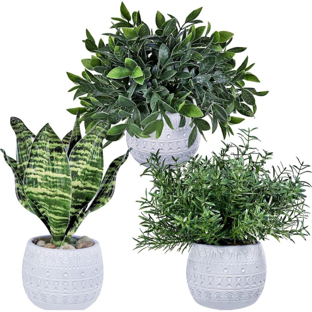 imageWinlyn Set of 3 Small Artificial Potted Plants  Eucalyptus Rosemary ampamp Tropical Snake Plant in White Geometric Pots for Table Centerpieces Shelf Windowsill Desk Indoor Outdoor Greenery Decor
