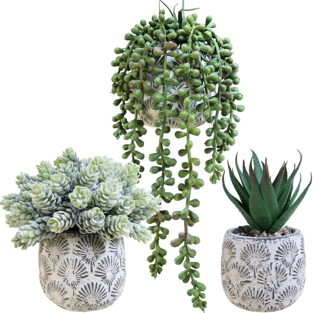 imageWinlyn Set of 3 Small Artificial Succulent Potted Plants Faux Aloe Hops Hanging Succulent in Rustic Galvanized Metal Pots Fake Plant Decor for Farmhouse Home Office Wedding Windowsill Table ShelfConcrete Pot