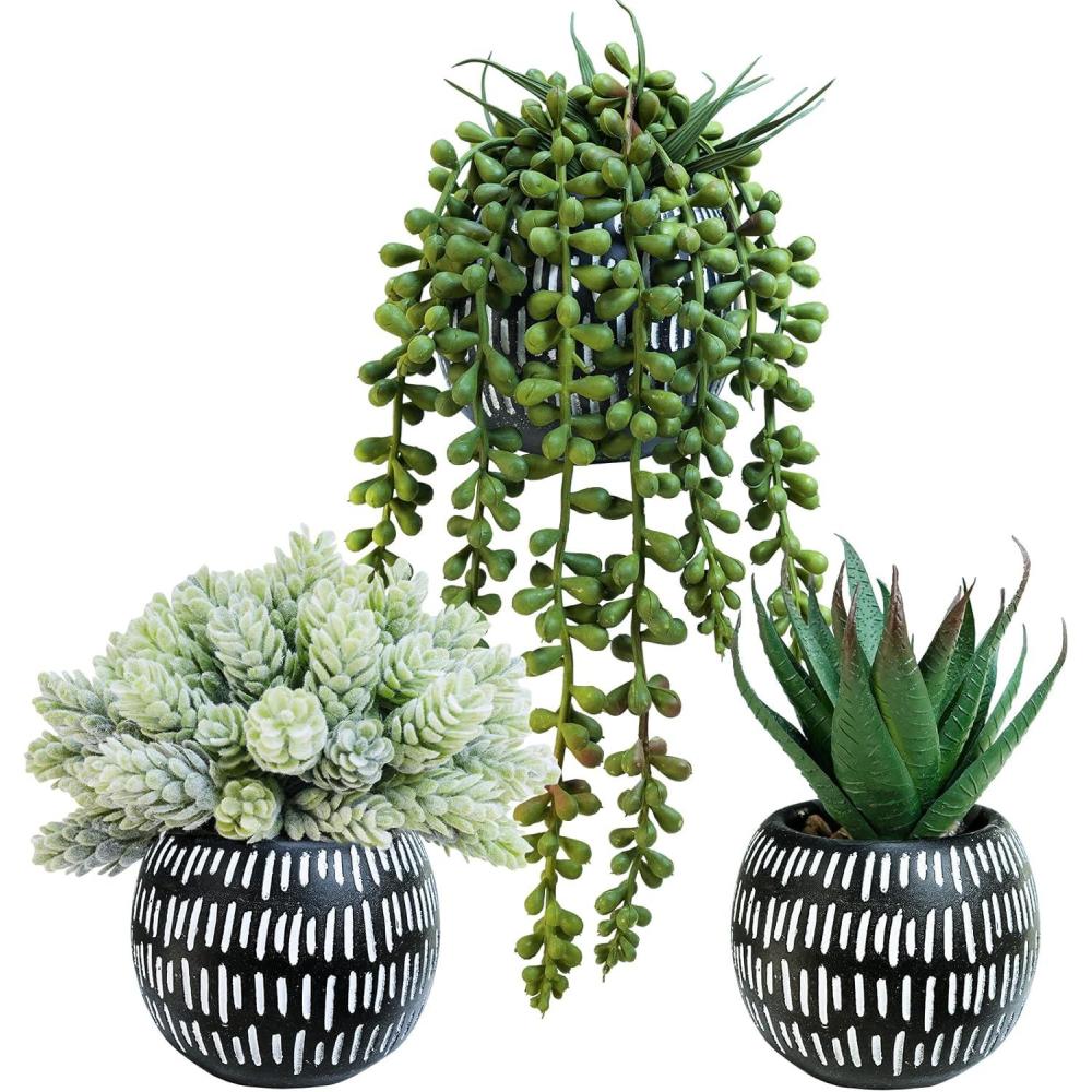 imageWinlyn Set of 3 Small Artificial Succulent Potted Plants Faux Aloe Hops Hanging Succulent in Rustic Galvanized Metal Pots Fake Plant Decor for Farmhouse Home Office Wedding Windowsill Table ShelfBlack Pot