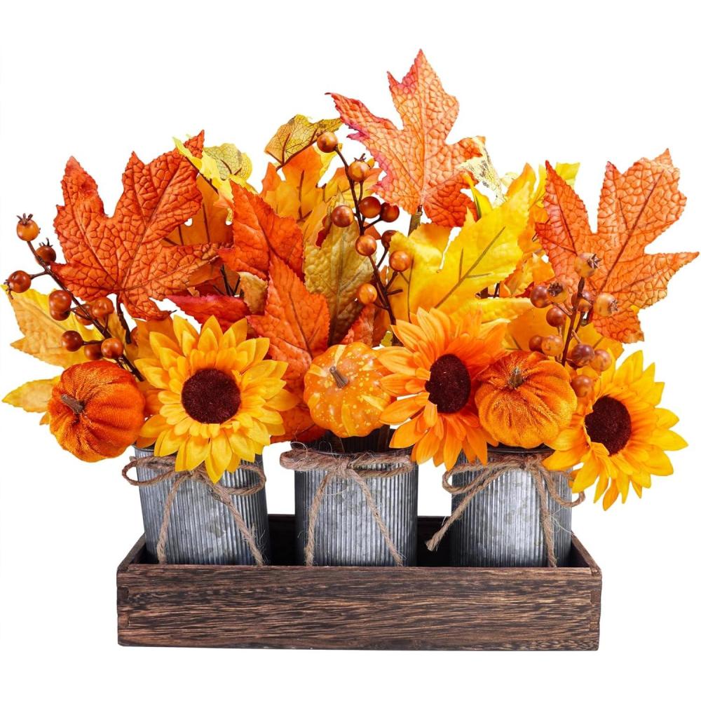 imageWinlyn Set of 3 Small Potted Maple Arrangement Artificial Maple Leaf Branches Faux Fall Picks and Sprays in Rustic Galvanized Metal Pots with Decorative Wood Tray