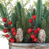 Winlyn 1 Pc Farmhouse Christmas Table Centerpiece Artificial Pine Cedar Berry Pinecone in Oval Metal Planter Holiday Floral Arrangement Christmas Potted Plant 15.7″ for Rustic Home Kitchen Mantel