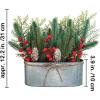Winlyn 1 Pc Farmhouse Christmas Table Centerpiece Artificial Pine Cedar Berry Pinecone in Oval Metal Planter Holiday Floral Arrangement Christmas Potted Plant 15.7″ for Rustic Home Kitchen Mantel