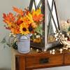 Winlyn 15″ Farmhouse Fall Floral Arrangement in Vintage Galvanized Milk Can Orange Artificial Pumpkin Sunflower Berry Pinecone and Maple Leaf Picks for Autumn Thanksgiving Harvest Table Centerpiece