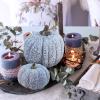 Winlyn 7 Pcs Assorted Sizes Fall Artificial Peach Pink Pumpkins Harvest Faux Foam Light Pink Pumpkins for Fall Autumn Season Halloween Thanksgiving Harvest Festive Tabletop Decoration(Denim Blue)