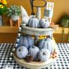 Winlyn 7 Pcs Assorted Sizes Fall Artificial Peach Pink Pumpkins Harvest Faux Foam Light Pink Pumpkins for Fall Autumn Season Halloween Thanksgiving Harvest Festive Tabletop Decoration(Denim Blue)